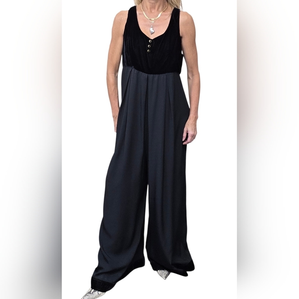 Vintage Y2K Jeffrey & Dara Black Velvet Bodice Wide Leg Jumpsuit Medium M - Picture 2 of 9